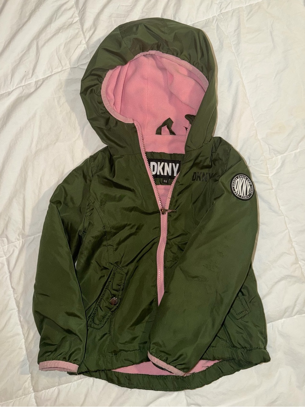 DKNY Olive Green Hooded Puffer with Pink Fleece Lining 5/6